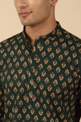   cotton jaipuri booti printed green short kurta