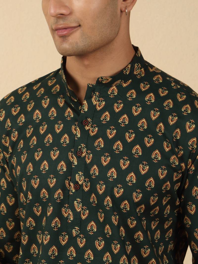   cotton jaipuri booti printed green short kurta