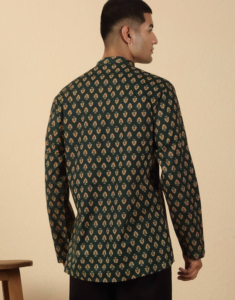   cotton jaipuri booti printed green short kurta