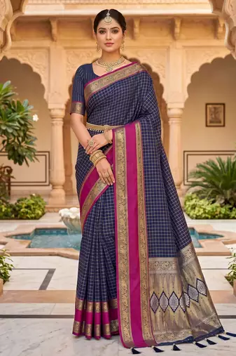 Navy blue soft  silk with zari weaving chex &  rich pallu with contrast silk blouse