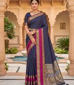Navy blue soft  silk with zari weaving chex &  rich pallu with contrast silk blouse