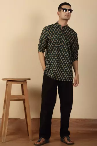   cotton jaipuri booti printed green short kurta