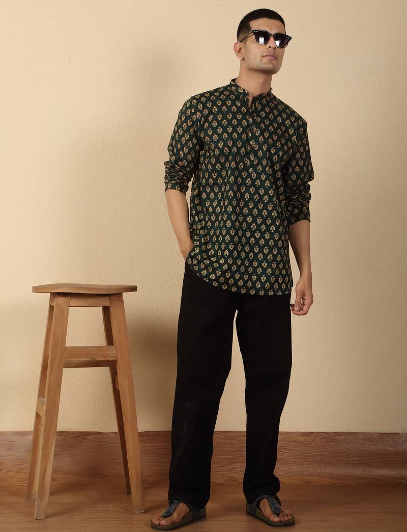   cotton jaipuri booti printed green short kurta