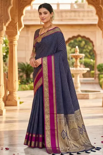 Navy blue soft  silk with zari weaving chex &  rich pallu with contrast silk blouse