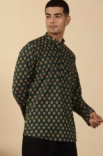   cotton jaipuri booti printed green short kurta