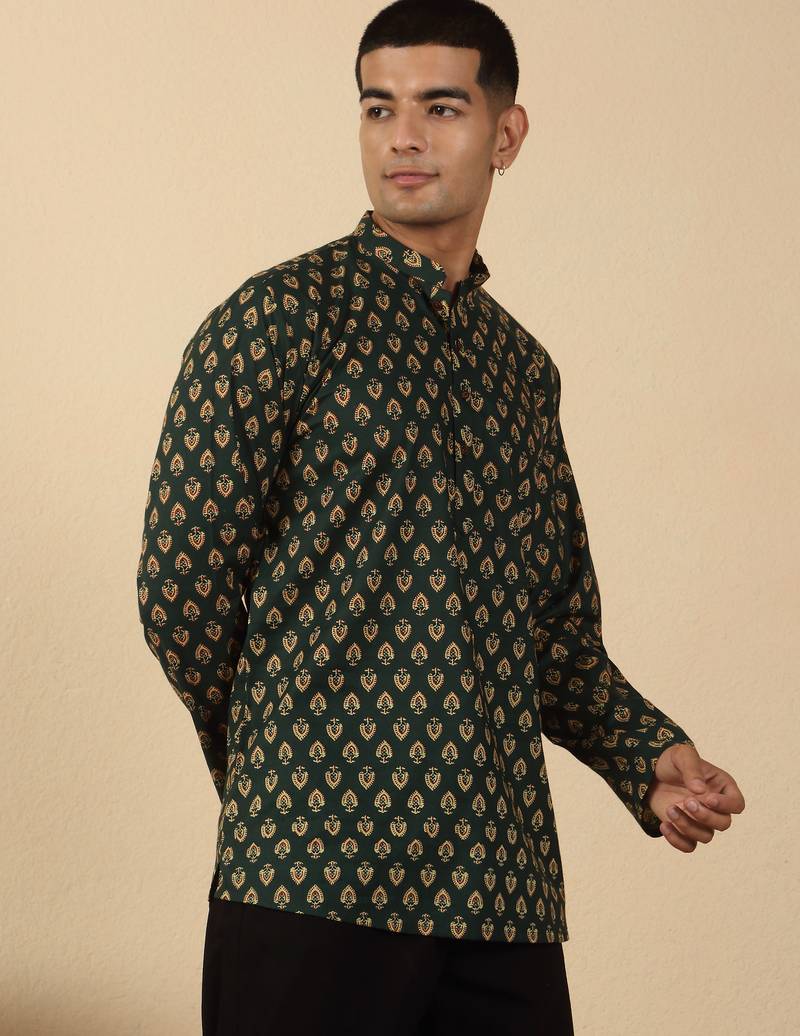   cotton jaipuri booti printed green short kurta