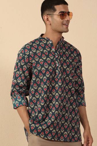   cotton kantha work printed short kurta – navy blue