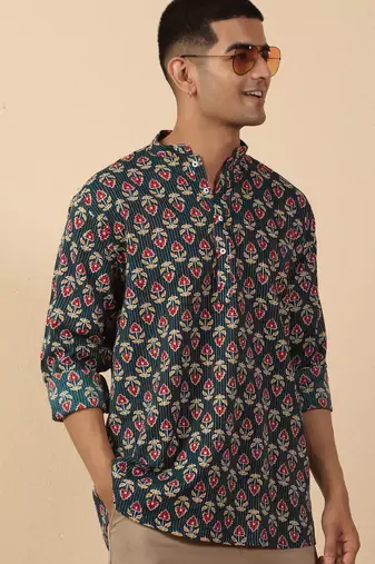   cotton kantha work printed short kurta – navy blue
