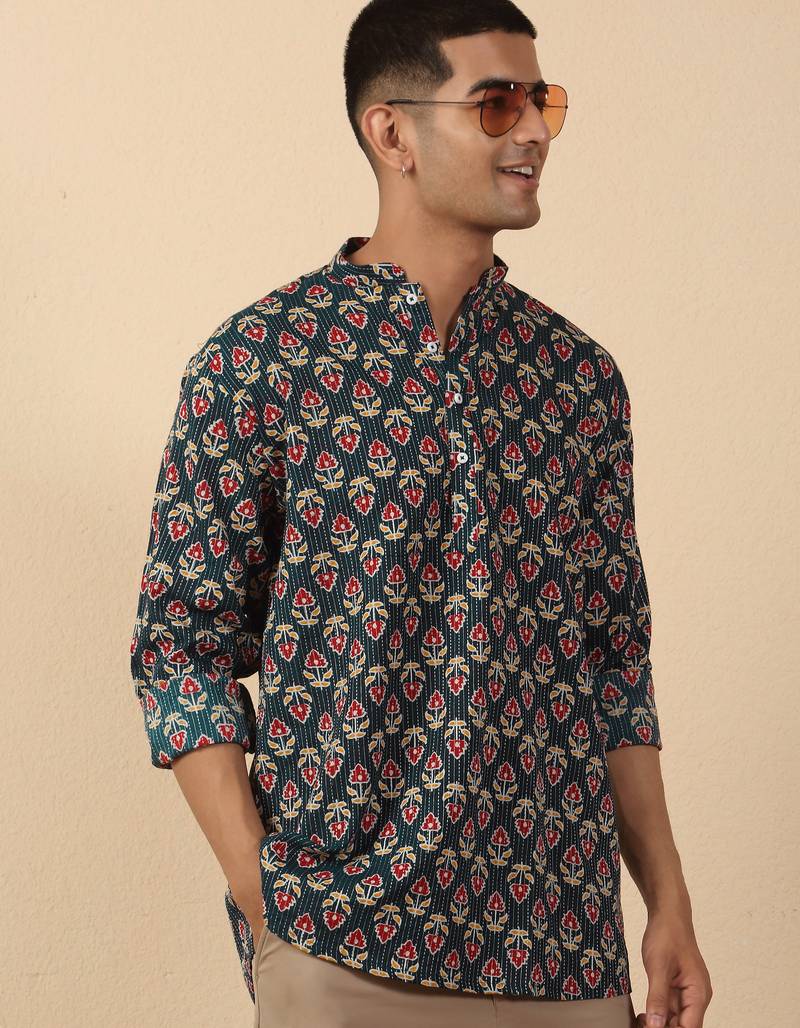   cotton kantha work printed short kurta – navy blue