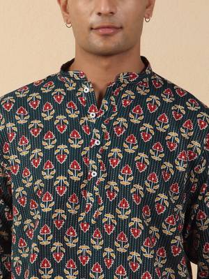   cotton kantha work printed short kurta – navy blue 2