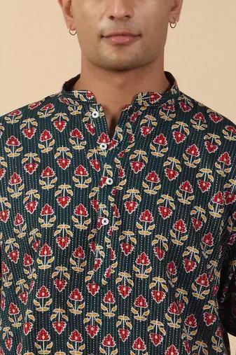   cotton kantha work printed short kurta – navy blue