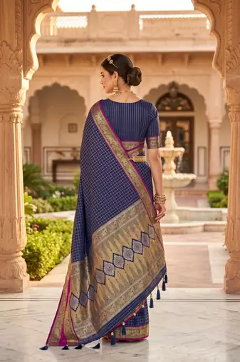 Navy blue soft  silk with zari weaving chex &  rich pallu with contrast silk blouse