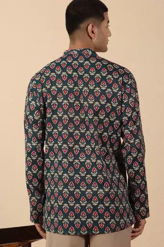   cotton kantha work printed short kurta – navy blue