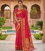 Rani pink soft  silk with zari weaving chex &  rich pallu with contrast silk blouse