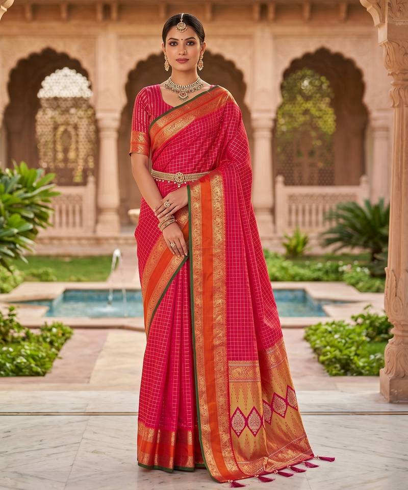 Rani pink soft  silk with zari weaving chex &  rich pallu with contrast silk blouse