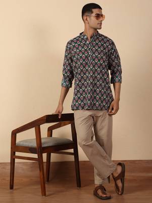   cotton kantha work printed short kurta – navy blue 4