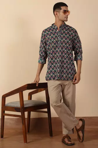   cotton kantha work printed short kurta – navy blue