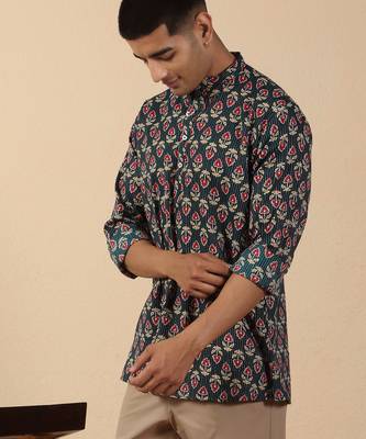   cotton kantha work printed short kurta – navy blue 5