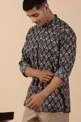  cotton kantha work printed short kurta – navy blue