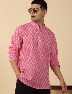   cotton kantha work printed pink short kurta  1