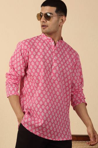   cotton kantha work printed pink short kurta 