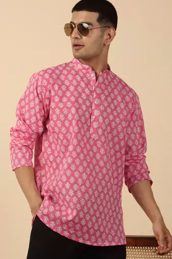   cotton kantha work printed pink short kurta 