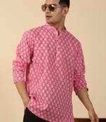   cotton kantha work printed pink short kurta 