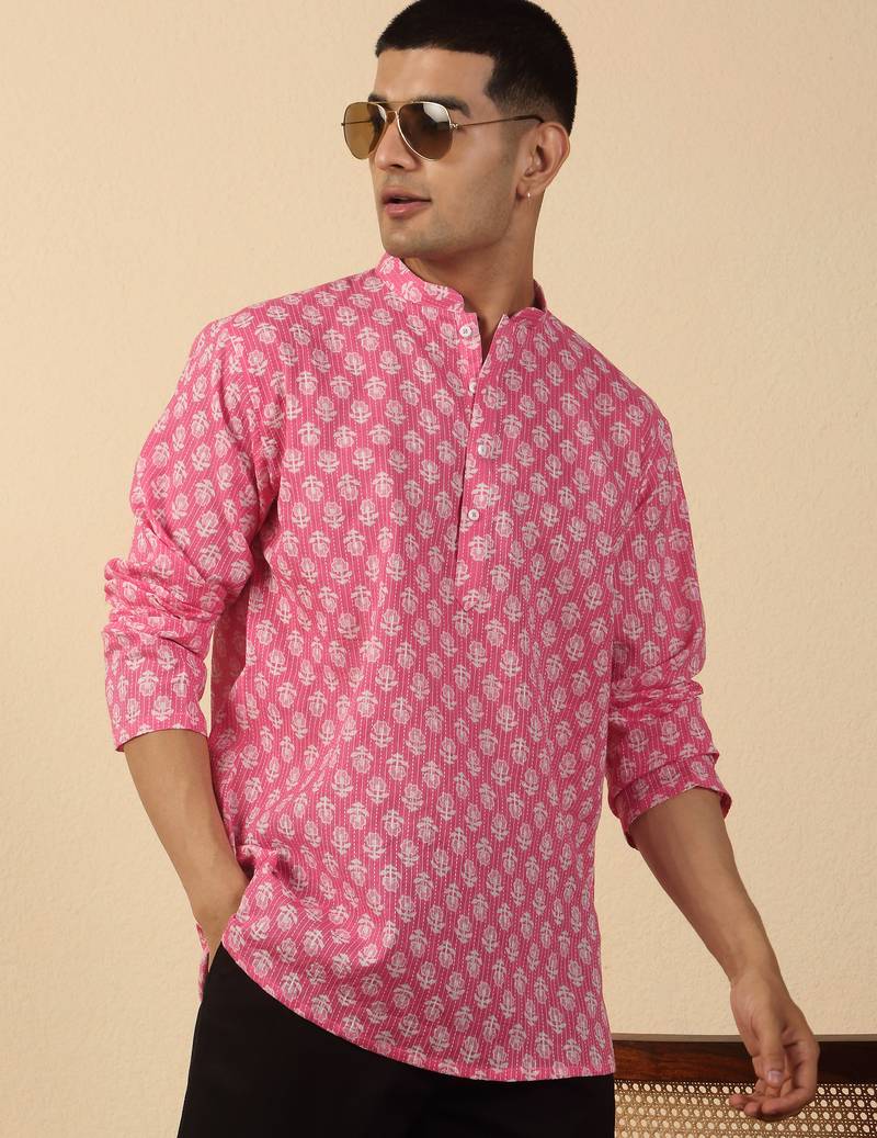   cotton kantha work printed pink short kurta 