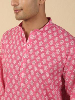   cotton kantha work printed pink short kurta  2
