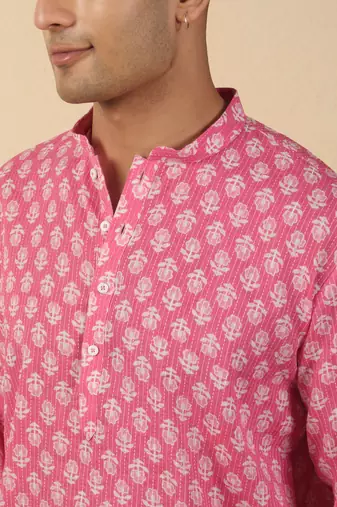   cotton kantha work printed pink short kurta 