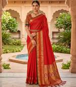 Red soft  silk with zari weaving chex &  rich pallu with contrast silk blouse