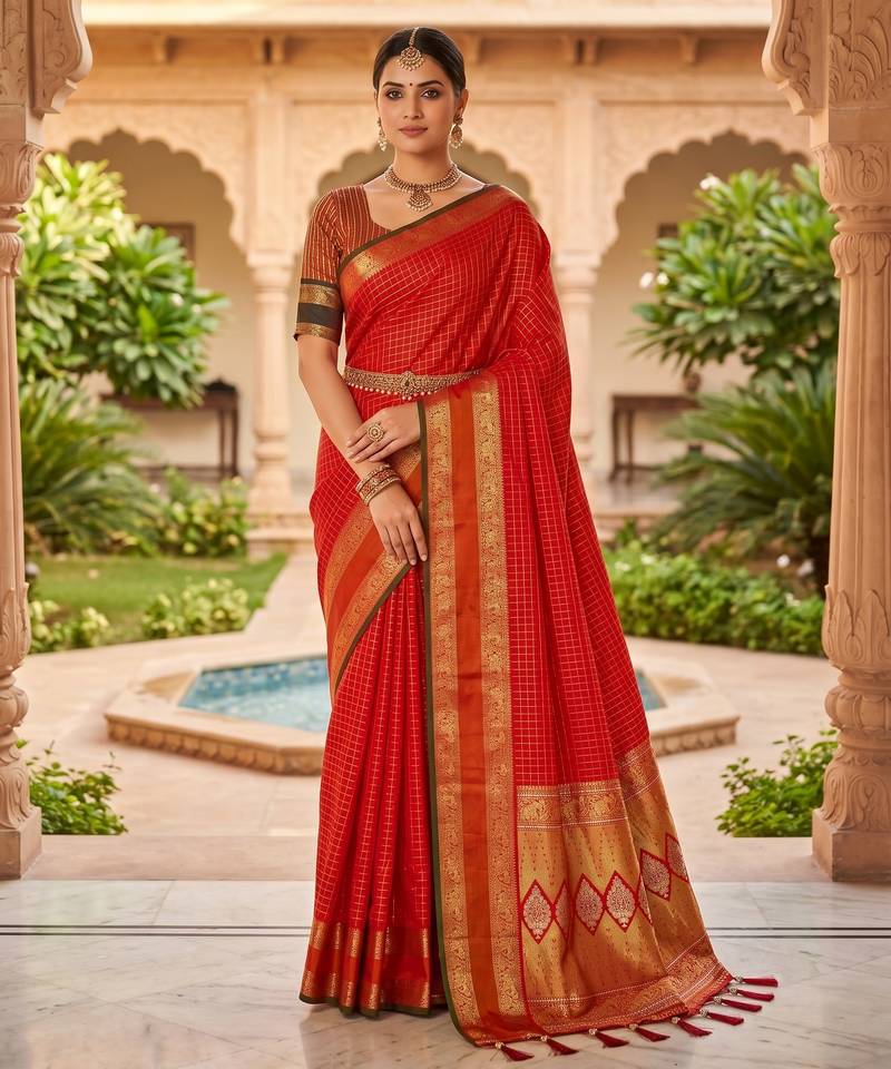 Red soft  silk with zari weaving chex &  rich pallu with contrast silk blouse