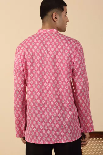   cotton kantha work printed pink short kurta 