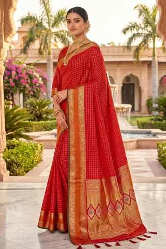 Red soft  silk with zari weaving chex &  rich pallu with contrast silk blouse