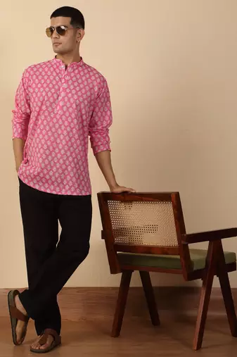   cotton kantha work printed pink short kurta 