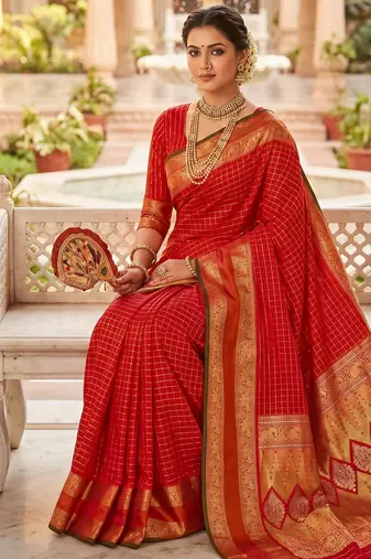 Red soft  silk with zari weaving chex &  rich pallu with contrast silk blouse