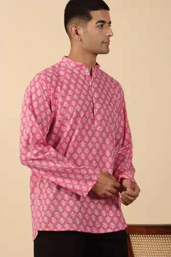   cotton kantha work printed pink short kurta 