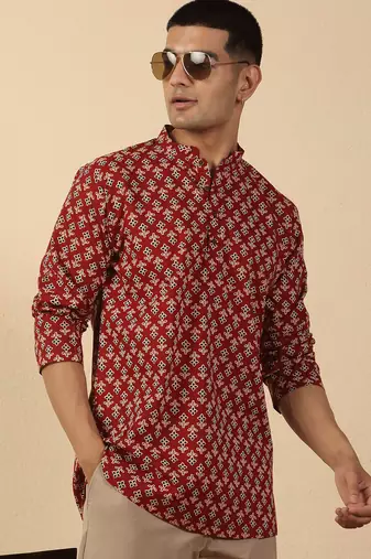 floral printed jaipuri  cotton red short kurta