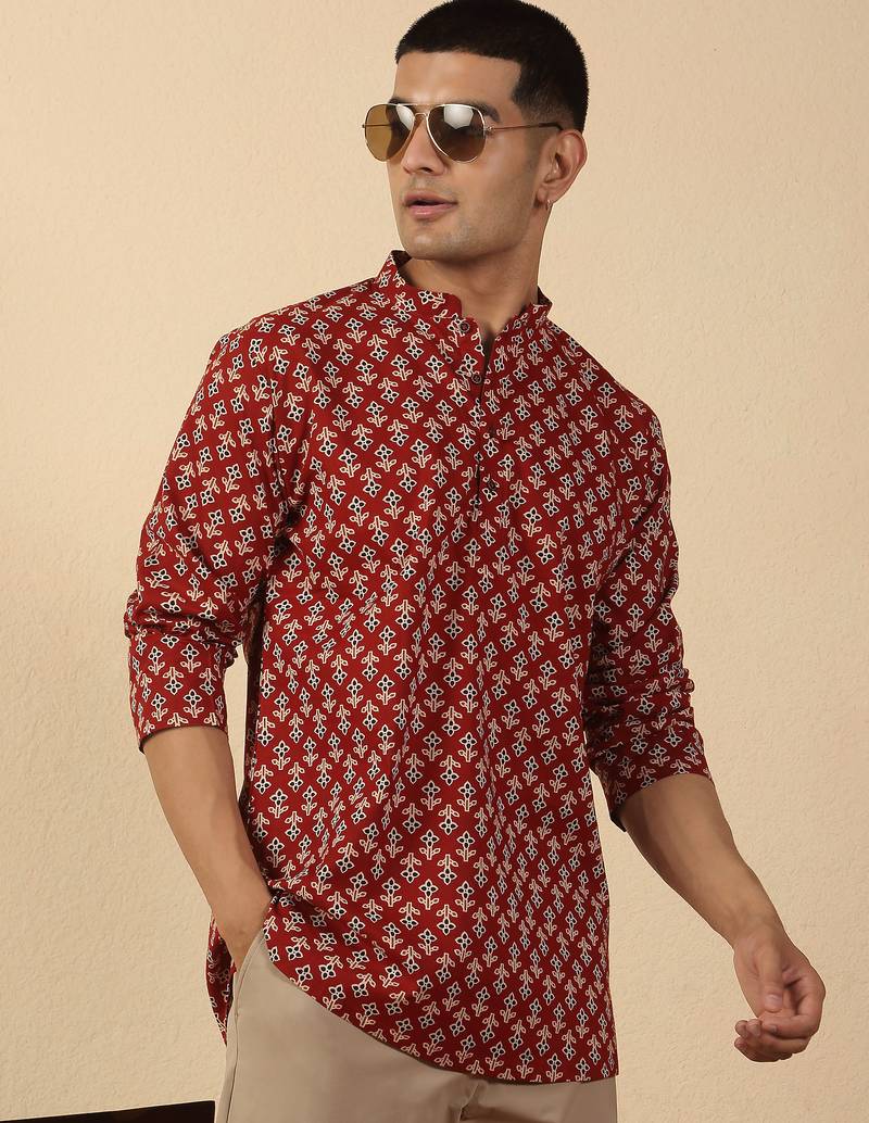 floral printed jaipuri  cotton red short kurta
