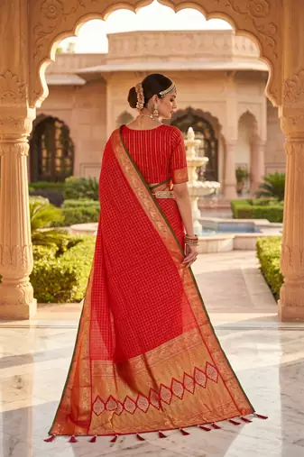 Red soft  silk with zari weaving chex &  rich pallu with contrast silk blouse