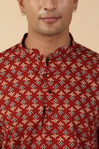 floral printed jaipuri  cotton red short kurta
