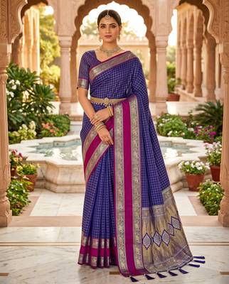 Royal blue soft  silk with zari weaving chex &  rich pallu with contrast silk blouse 1