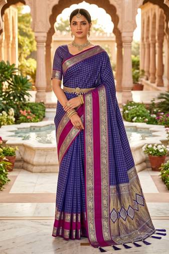 Royal blue soft  silk with zari weaving chex &  rich pallu with contrast silk blouse
