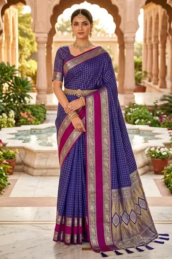 Royal blue soft  silk with zari weaving chex &  rich pallu with contrast silk blouse