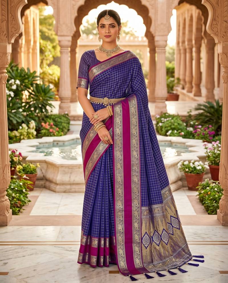Royal blue soft  silk with zari weaving chex &  rich pallu with contrast silk blouse