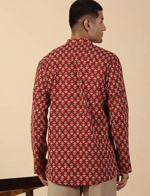 floral printed jaipuri  cotton red short kurta 3