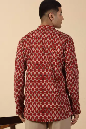 floral printed jaipuri  cotton red short kurta