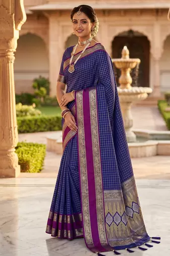 Royal blue soft  silk with zari weaving chex &  rich pallu with contrast silk blouse
