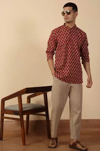 floral printed jaipuri  cotton red short kurta