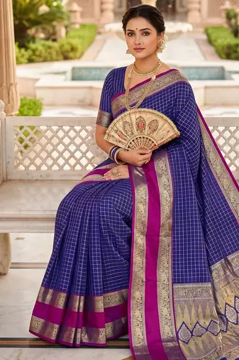 Royal blue soft  silk with zari weaving chex &  rich pallu with contrast silk blouse